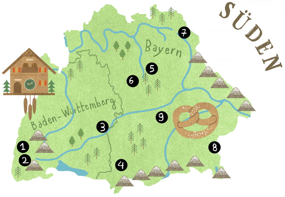 <p>Erlangen liegt in Mittelfranken in Bayern und ist eine der Stationen auf unserer Reise zu vorbildlichen Kommunen, auf der Karte von Deutschlands Süden mit der Nummer 5 markiert</p>
