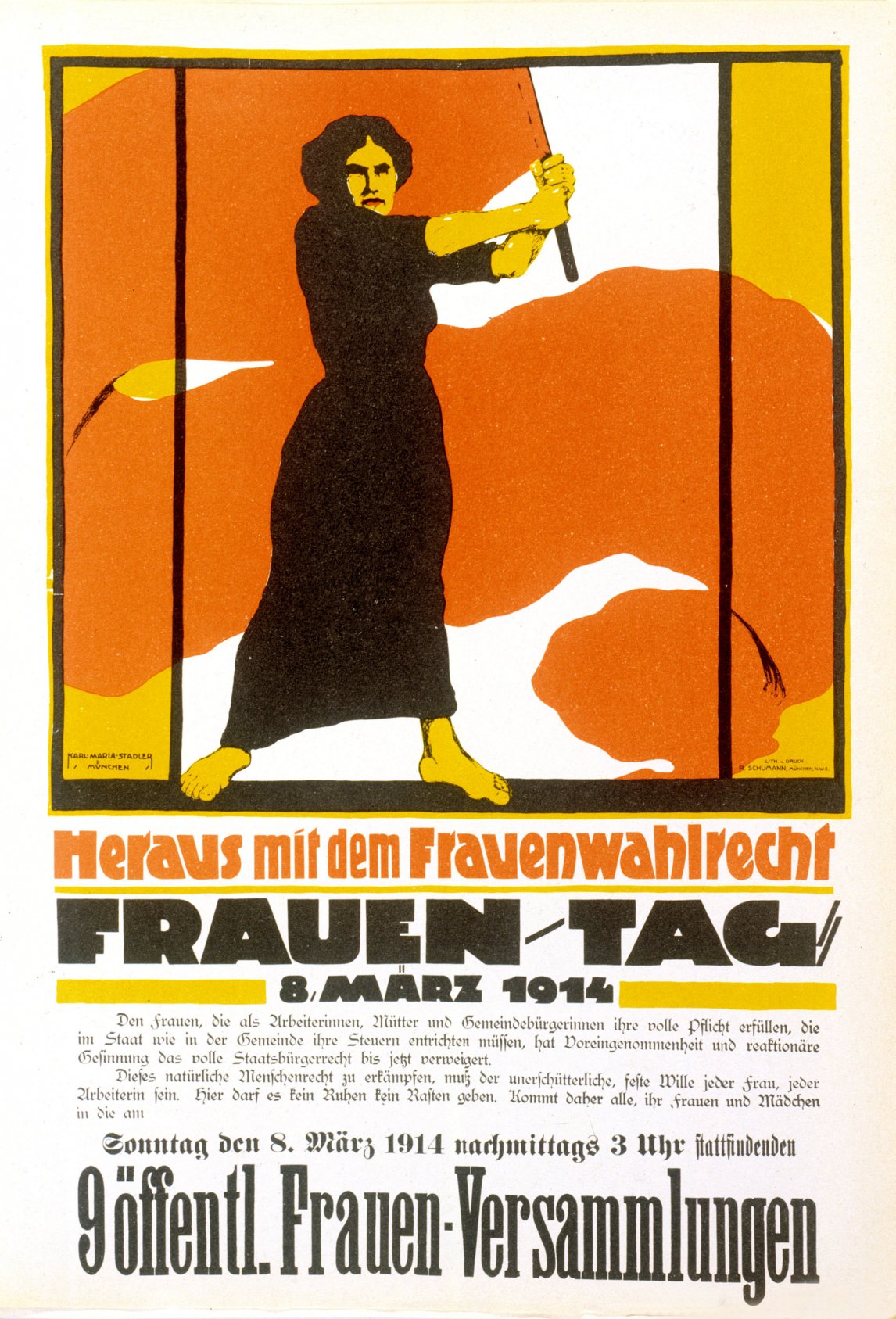 <p>Das historische Plakat „Heraus mit dem Frauenwahlrecht“ sollte für die „Rote Woche“ am 8.-15. März 1914 mobilisieren. Der Plakat-Entwurf stammt von Karl Maria Stadler.</p>
