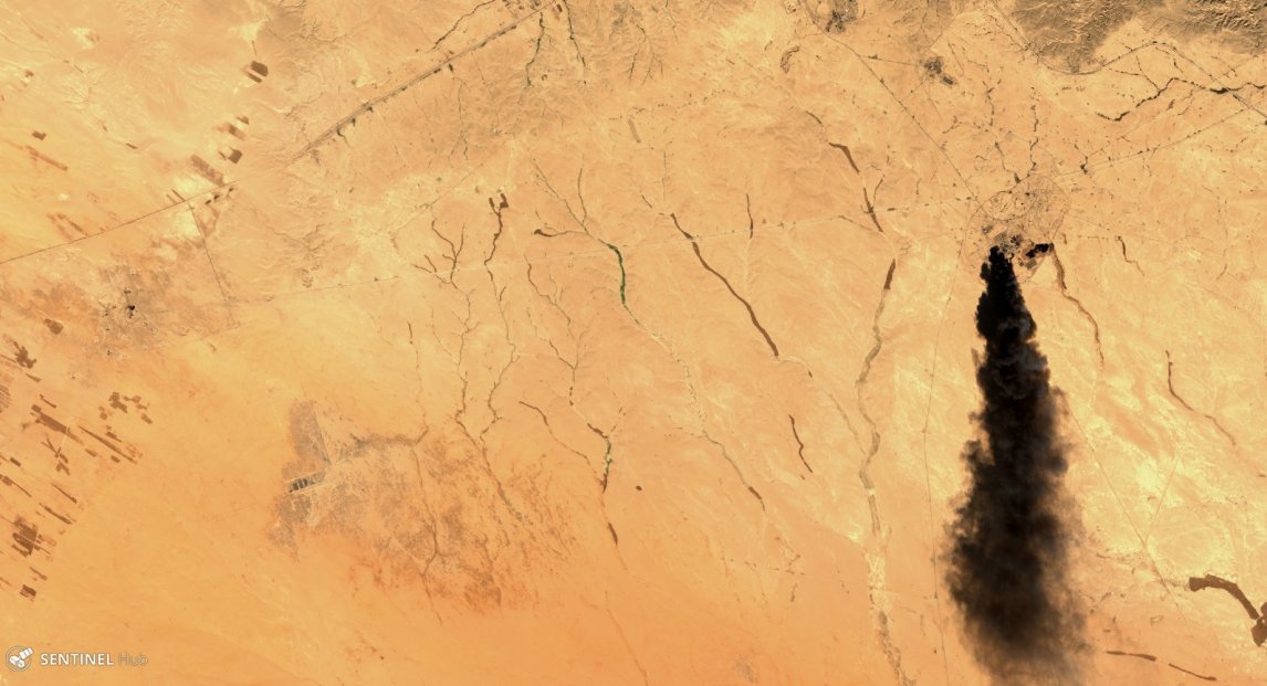 Satellitenbild von brennenden Ölfeldern in Syrien. So verschaffen sich Organisationen wie Pax einen Überblick vom Ausmaß der Zerstörung.
