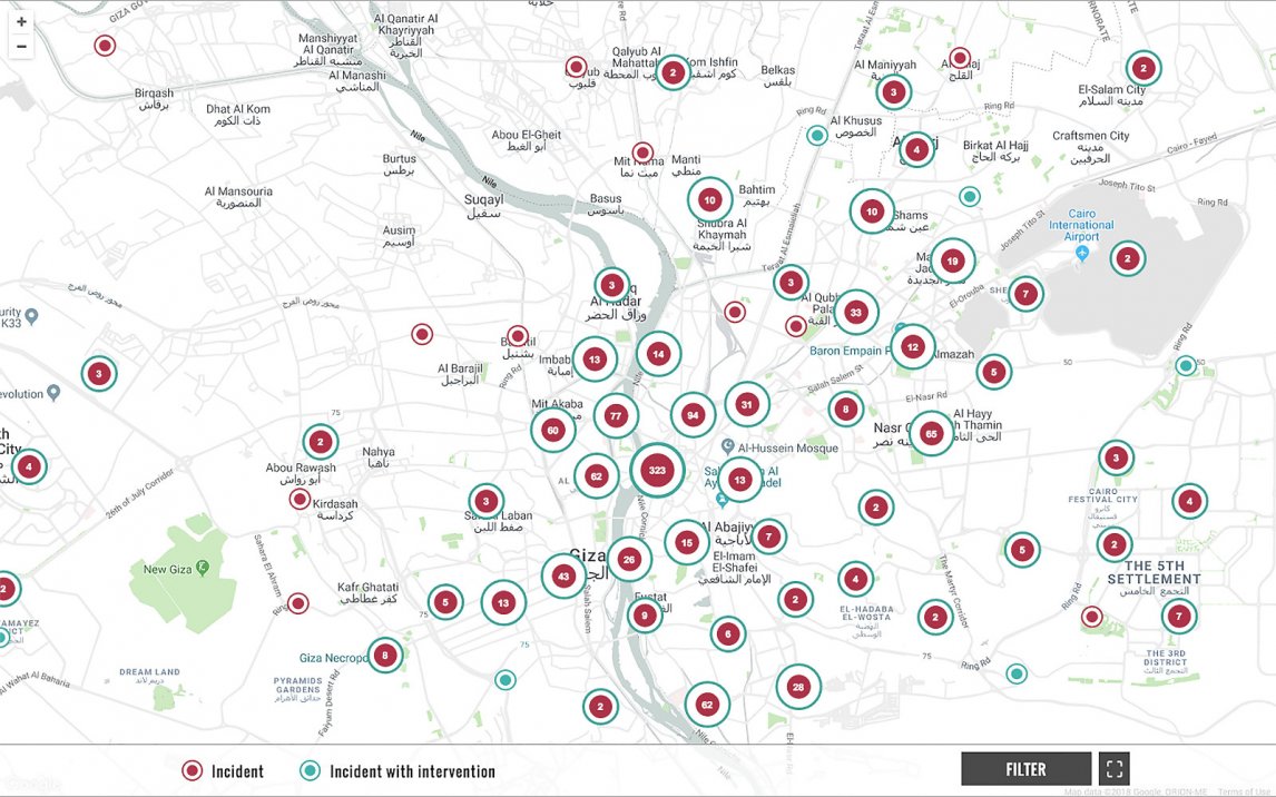 Anzahl und Ort von registrierten sexuellen Übergriffen sind in Rot auf dieser Karte von Kairo, Ägypten, markiert, in Türkis solche, wo von Außenstehenden eingegriffen wurde
