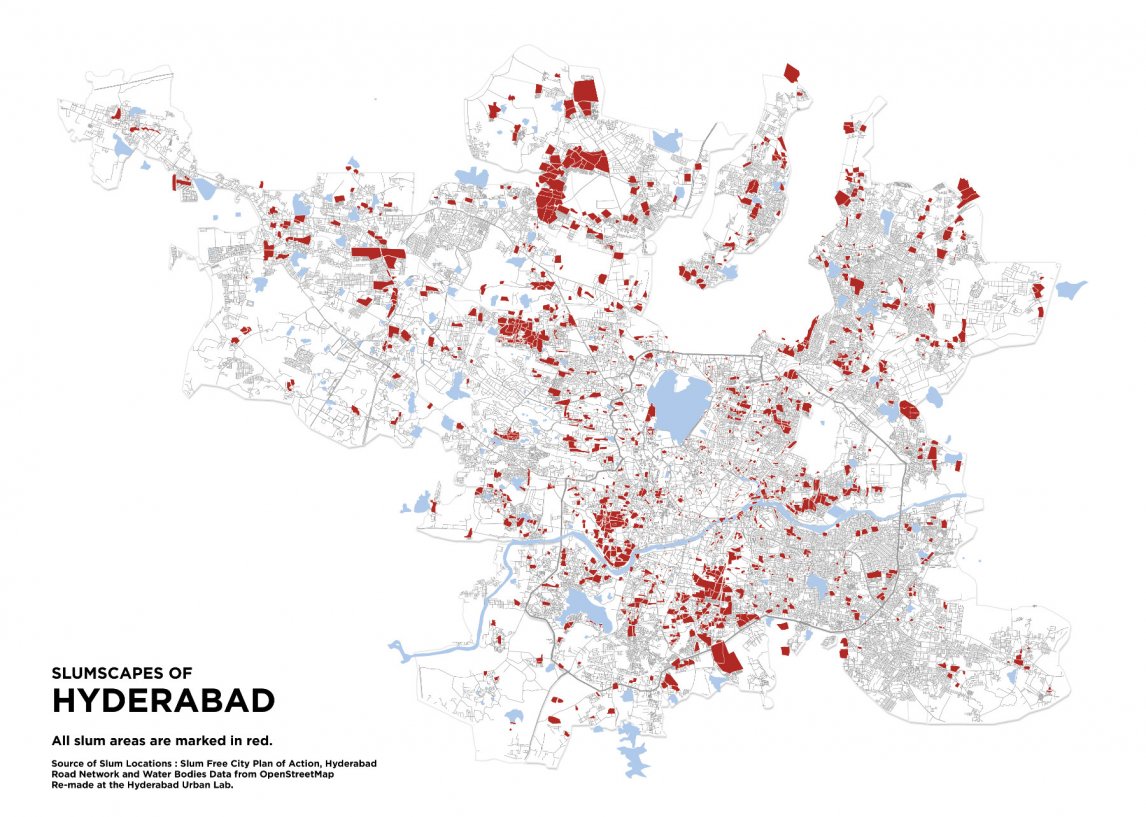 Die kritische Karte von Hyderabad in Indien zeigt die Slums der Stadt (rot markiert), die auf herkömmlichen Karten nicht vorkommen
