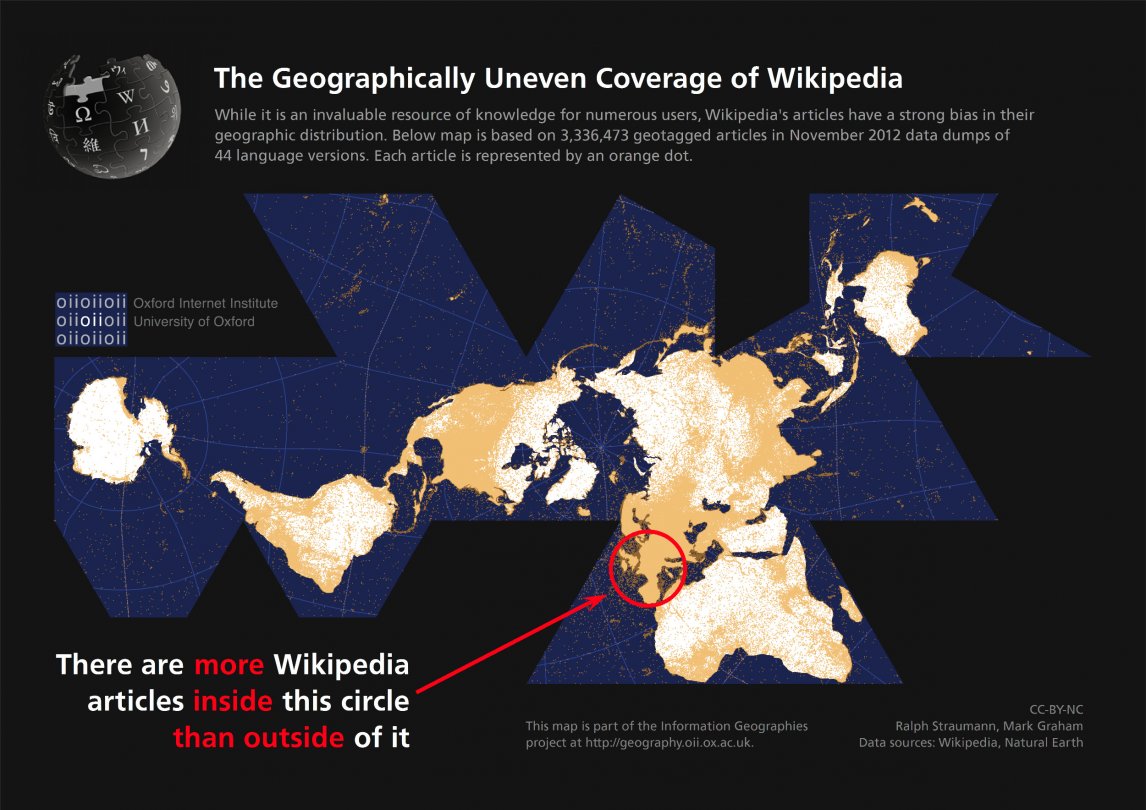 Die Karte zeigt, wie stark der Fokus von Wikipedia-Artikeln auf bestimmte Regionen ist. Man sieht die Verteilung im weltweiten Vergleich, welche Orte einem Artikel bei Wikipedia zugeordnet werden können
